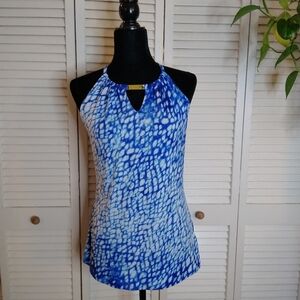 Michael Kors Blue Abstract Halter Blouse Keyhole Front Size S